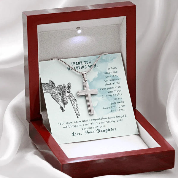 Giraffe Message Card Jewelry, Mom Cross Necklace Present, Stainless Steel Cross Pendant, Meaningful Birthday Christmas Presen