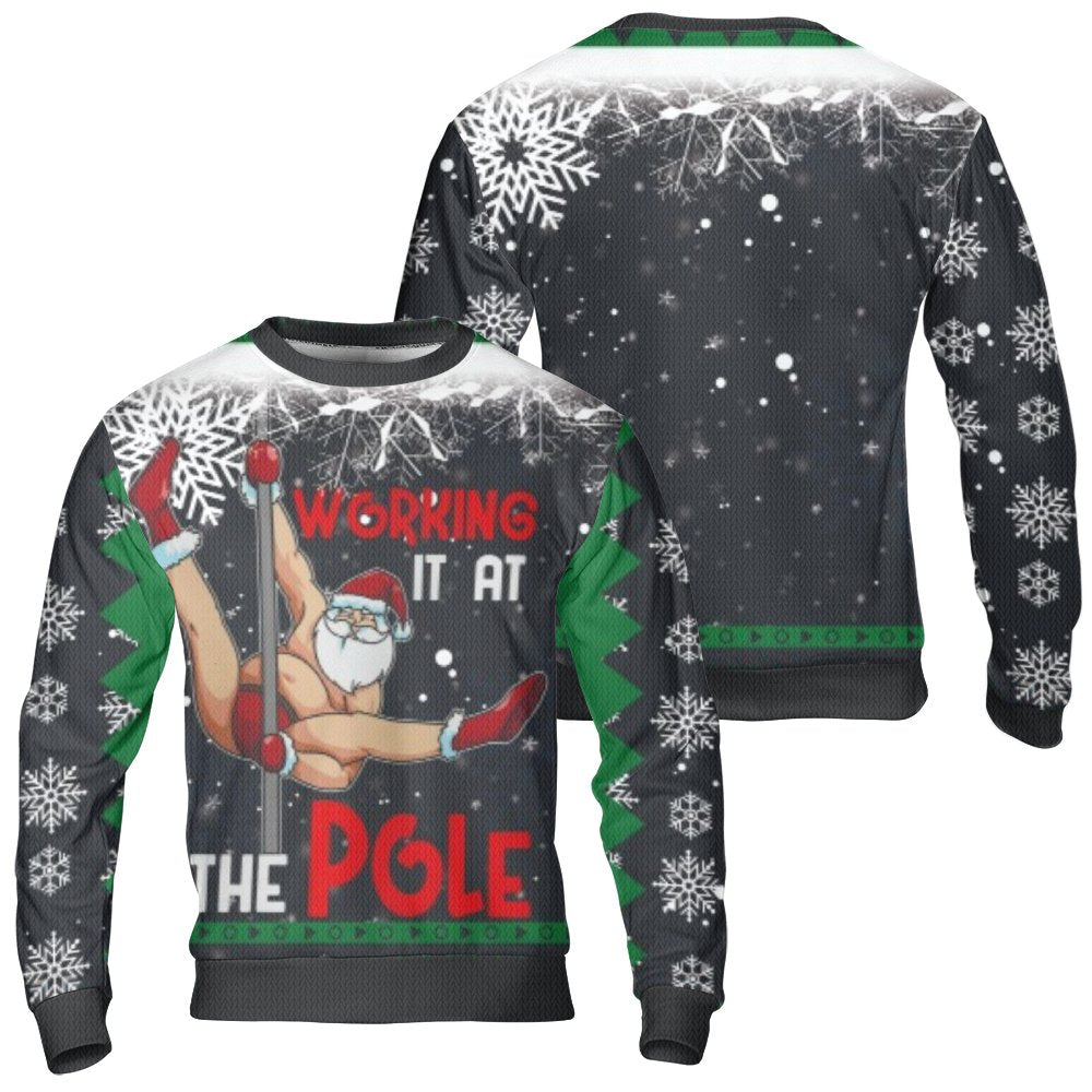 Humorous Pole Dancing Santa Sweatshirt, Working It at the Pole Ugly Christmas Sweater, Naughty Xmas Party Crewneck, Holiday H