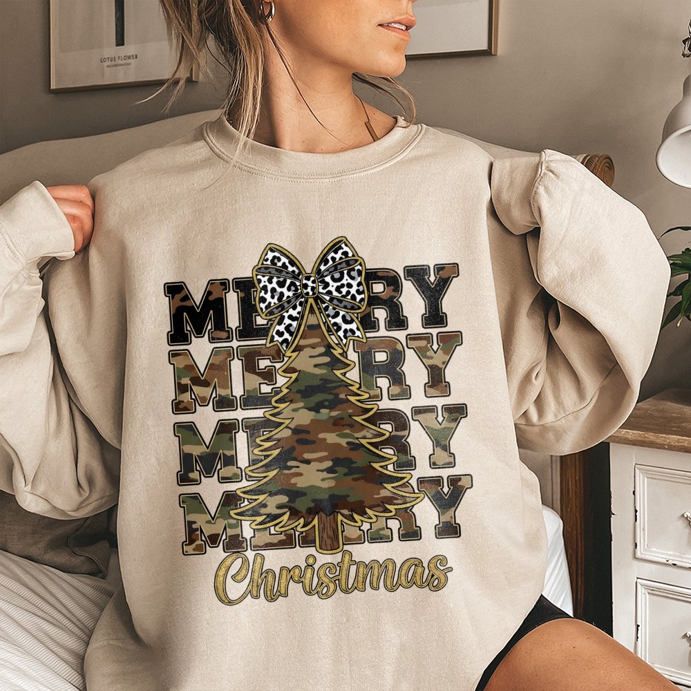 Leopard Bow Holiday Sweater, Camo Christmas Tree Sweatshirt, Rustic Country Xmas Crewneck, Winter Graphic Pullover, Christmas