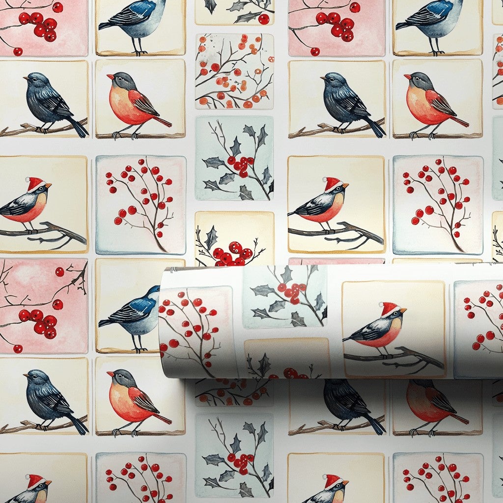 Watercolor Holiday Gift Wrap, Winter Bird Christmas Wrapping Paper, Festive Bird Tile Wrapping Paper, Nature Lover Xmas Wrapp