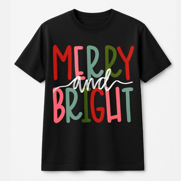 Typography Christmas Shirt, Merry and Bright Christmas T-Shirt, Retro Holiday Graphic Tee, Matching Family Christmas T-Shirt,