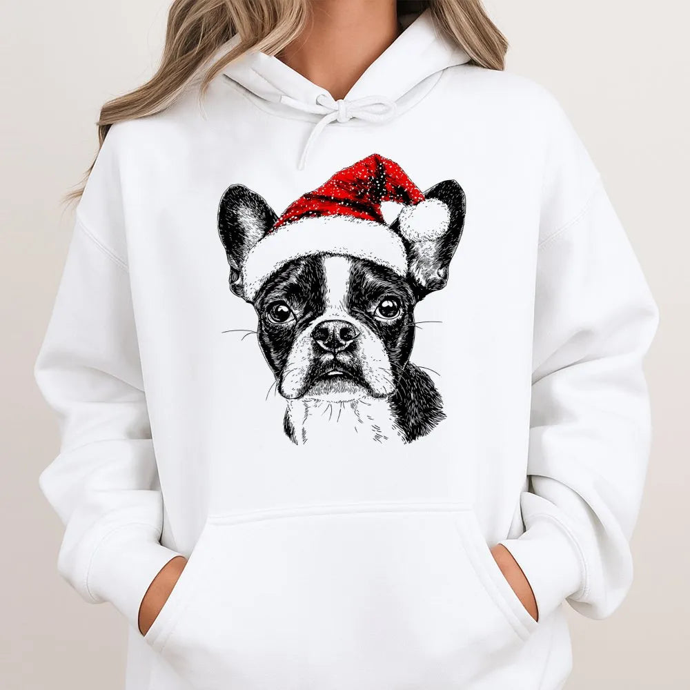 Adorable Dog Christmas Sweatshirt, Boston Terrier Santa Hoodie, Xmas Pet Lover Graphic Hoodie, Winter Holiday Pullover Hoodie