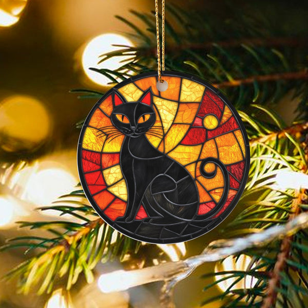 Faux Glass Cat Christmas Ornament, Stained Glass Black Cat Ornament, Ceramic Black Cat Tree Ornament, Holiday Keepsake Presen