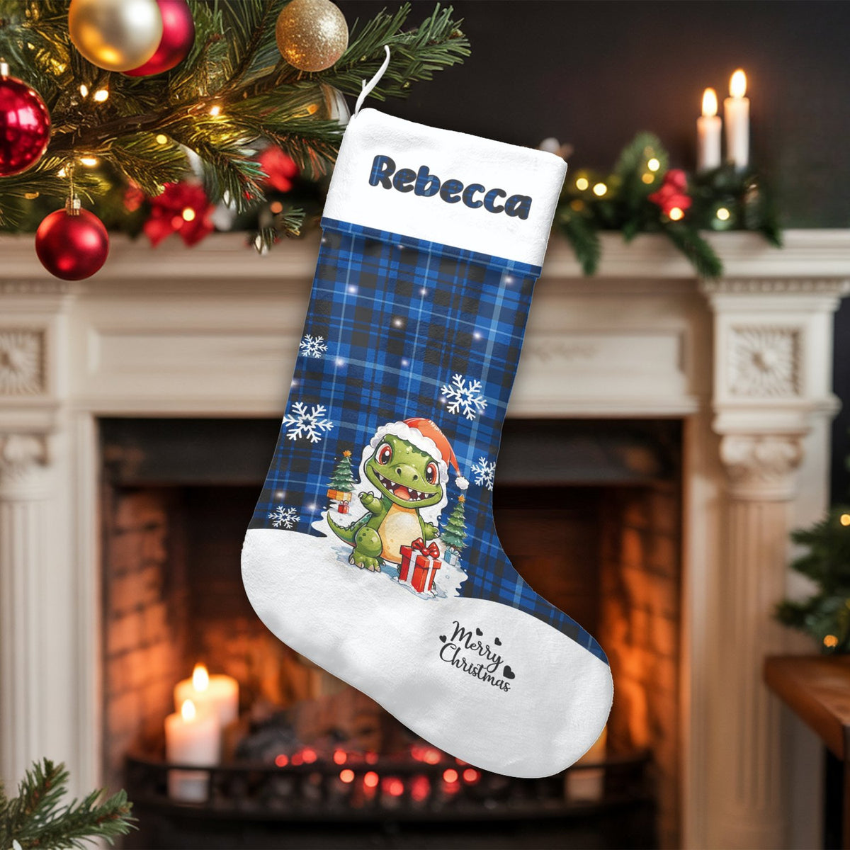 Blue Plaid Dino Holiday Stocking, Personalized Dinosaur Christmas Stocking, Custom Name Kids Stocking, Boy Family Christmas S