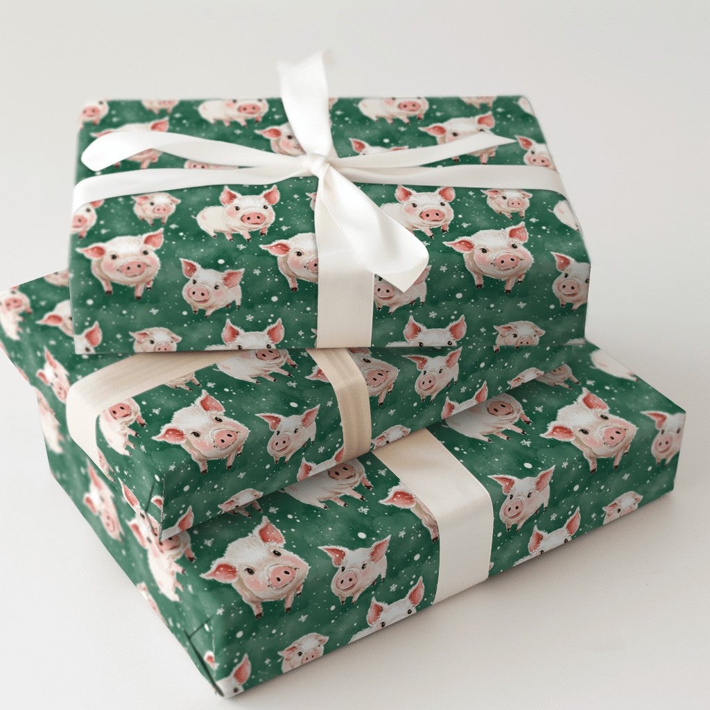 Adorable Watercolor Piglet Gift Wrap, Winter Pig Christmas Wrapping Paper, Dark Green Animal Wrapping Paper, Whimsical Holida