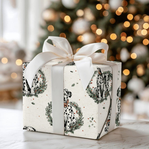 Dog Wreath Holiday Gift Wrap, Dalmatian Christmas Wrapping Paper, Puppy Lover Festive Wrapping Paper, Adorable Dog Holiday Gi