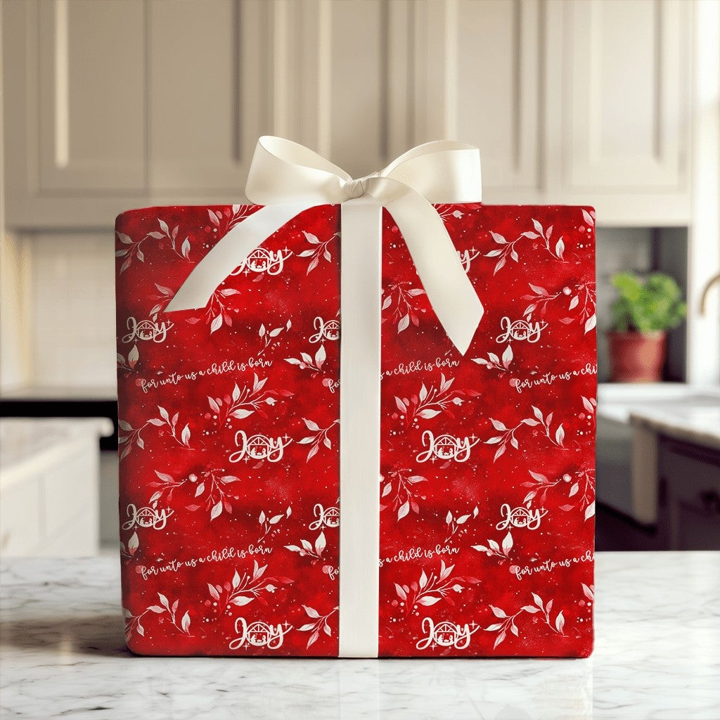 Christian Christmas Gift Wrap, Nativity Scene Joy Wrapping Paper, Crimson Red Religious Holiday Paper, Joy Gift Wrapping Pape