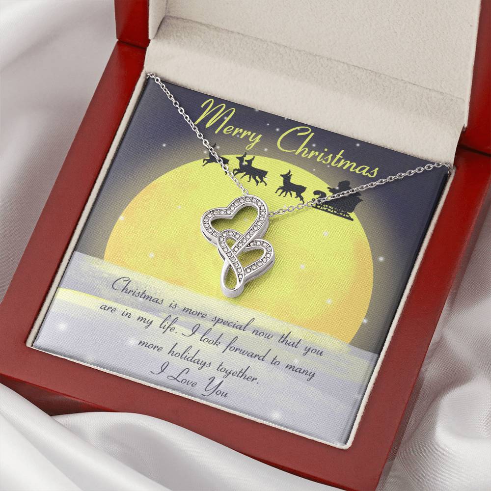 Interlocking CZ Heart Pendant, Double Hearts Necklace for Girlfriend, 14K White Gold Finish Jewelry, Romantic Christmas Prese