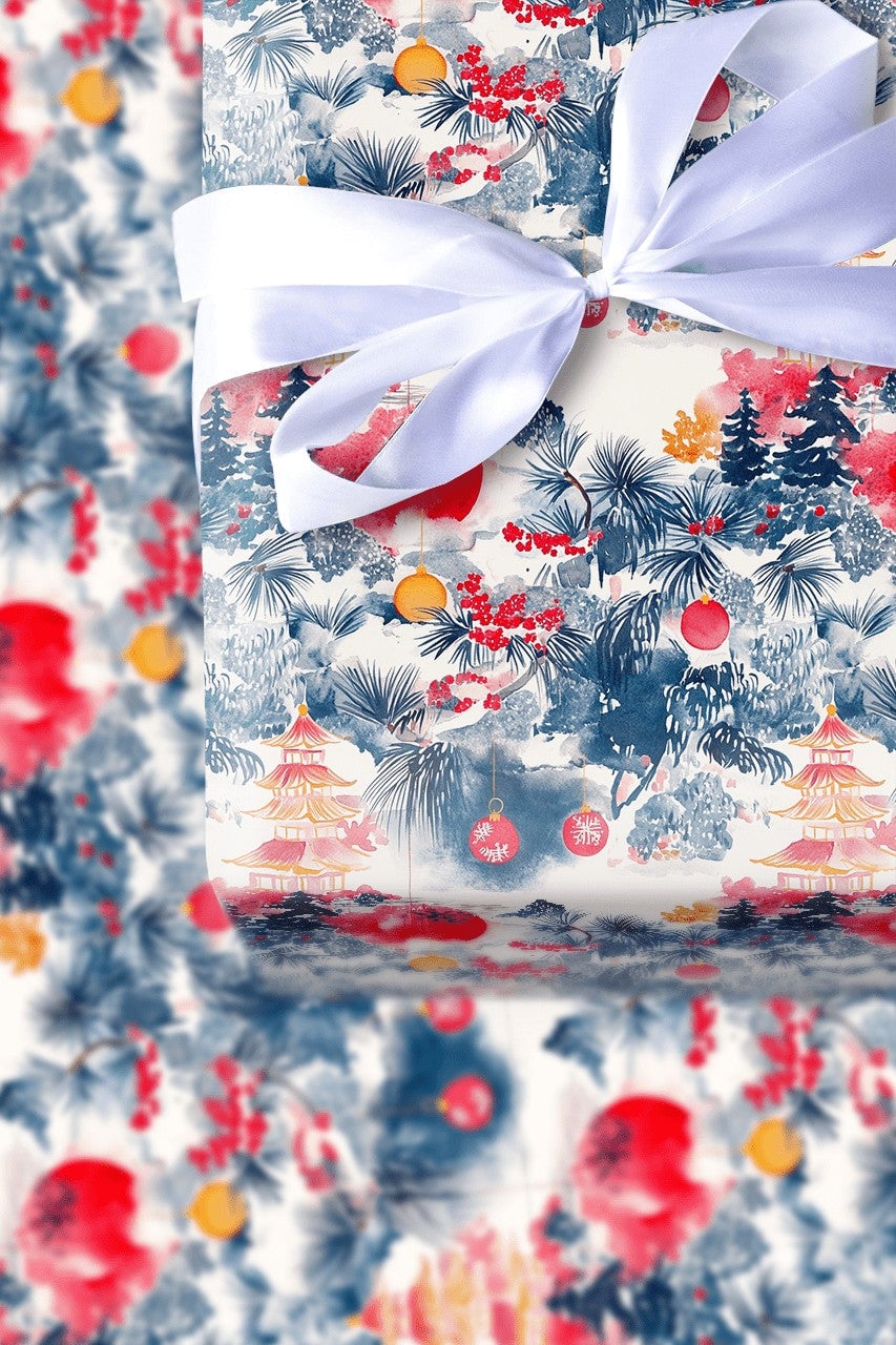 Asian Pagoda Holiday Gift Wrap, Chinoiserie Christmas Wrapping Paper, Fu Character Wrapping Paper, Winter Pine Tree Holiday W