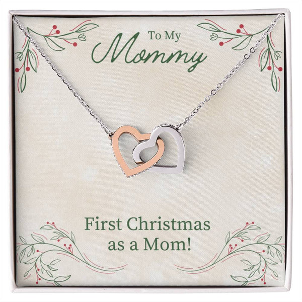 Cubic Zirconia Heart Pendant, First Christmas as A Mom Interlocking Hearts Necklace, Surgical Steel Holiday Keepsake Jewelry 