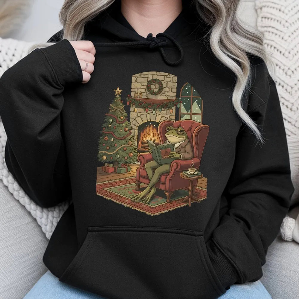 Comfy Christmas Bookish Frog Hoodie, Reading Frog Hoodie, Book Lover Holiday Hoodie, Adorable Cottagecore Reader Pullover Swe