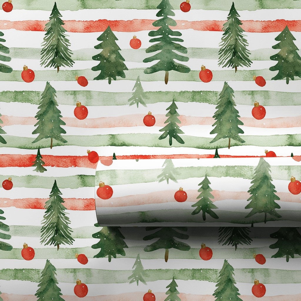 Striped Pine Tree Gift Wrap, Watercolor Christmas Tree Wrapping Paper, Red Green Holiday Wrapping Paper, Festive Winter Prese