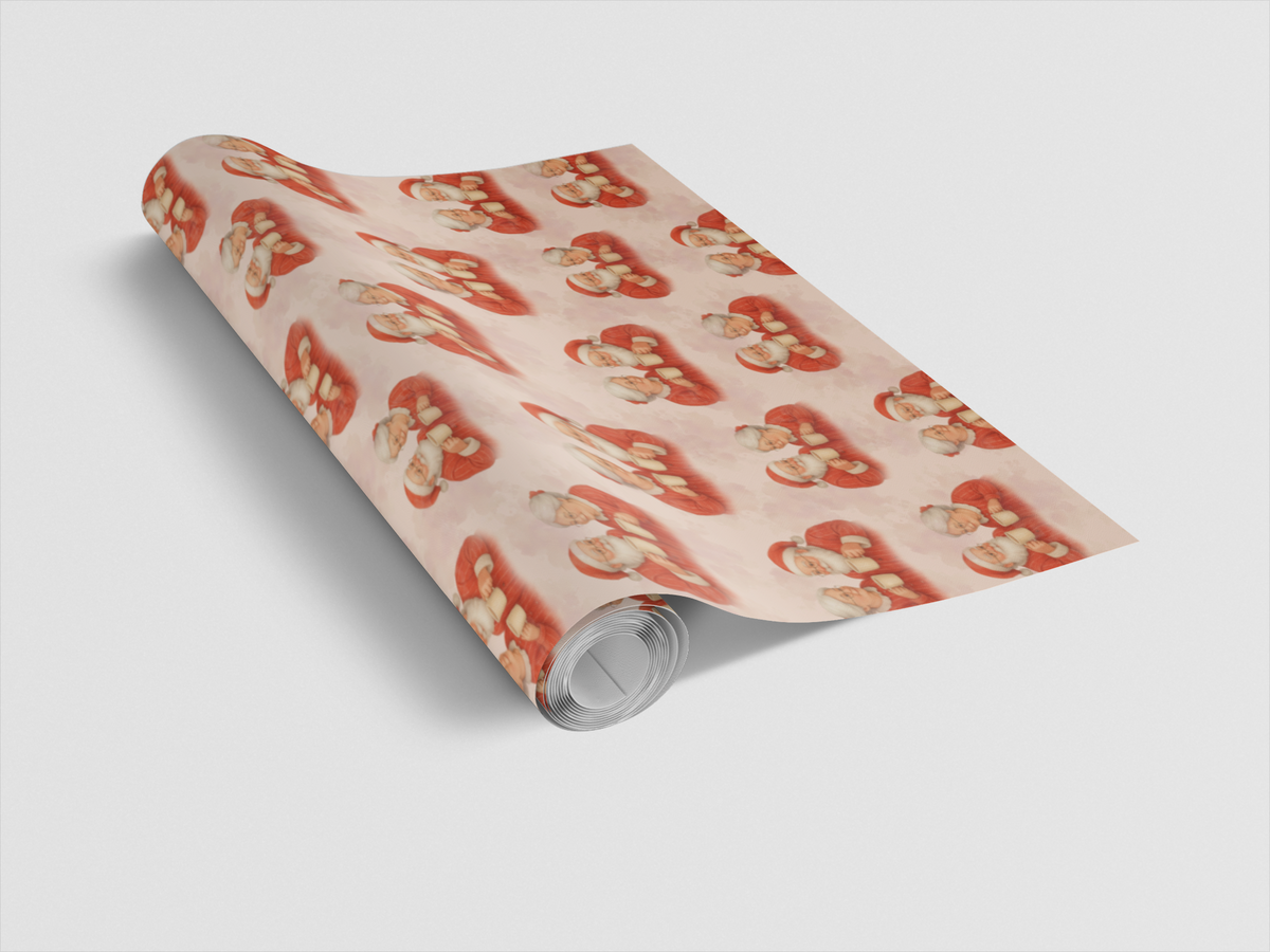 Merry Mugs Christmas Wrapping Paper, Santa and Mrs Claus Wrapping Paper, Eggnog Holiday Gift Wrap, Adorable Vintage Christmas
