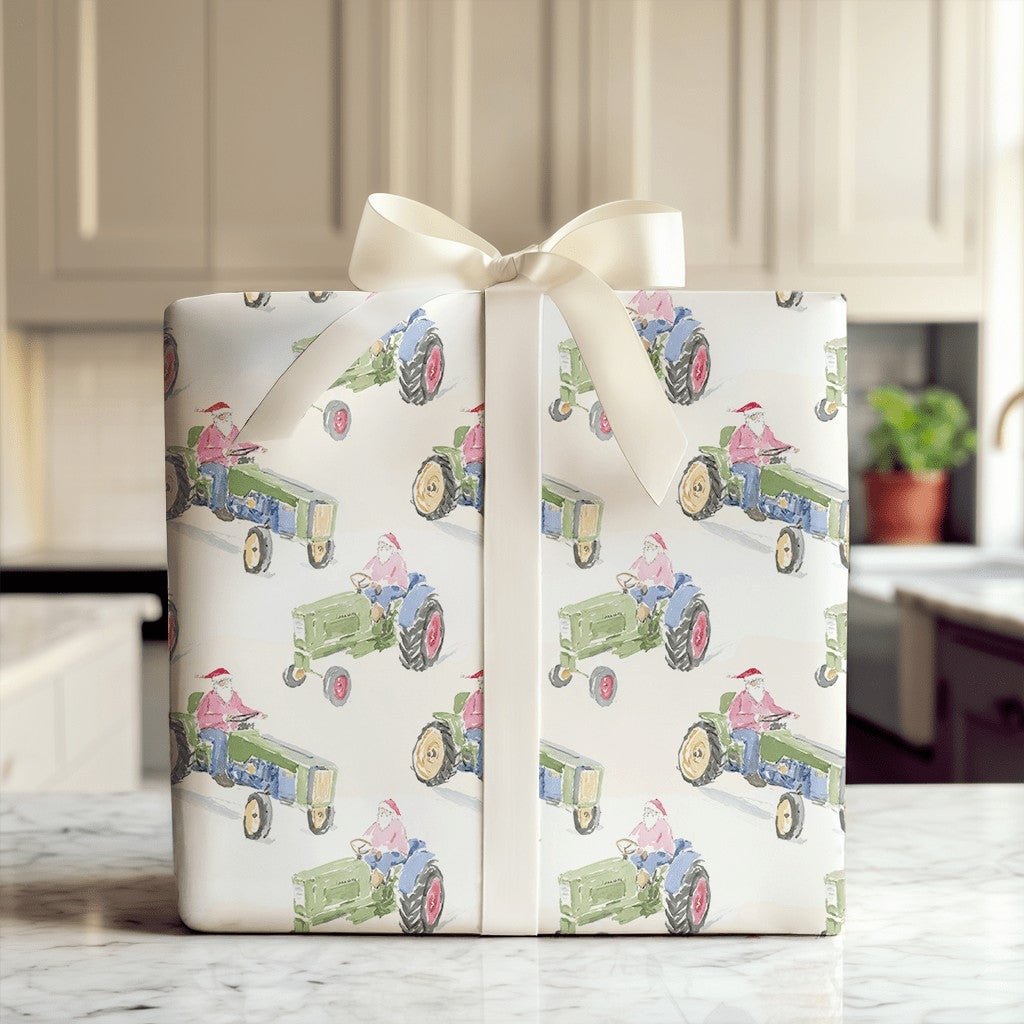 Santa Farm Tractor Gift Wrap, Christmas Tractor Wrapping Paper, Rustic Country Wrapping Paper, Farmhouse Holiday Gift Wrap Ro