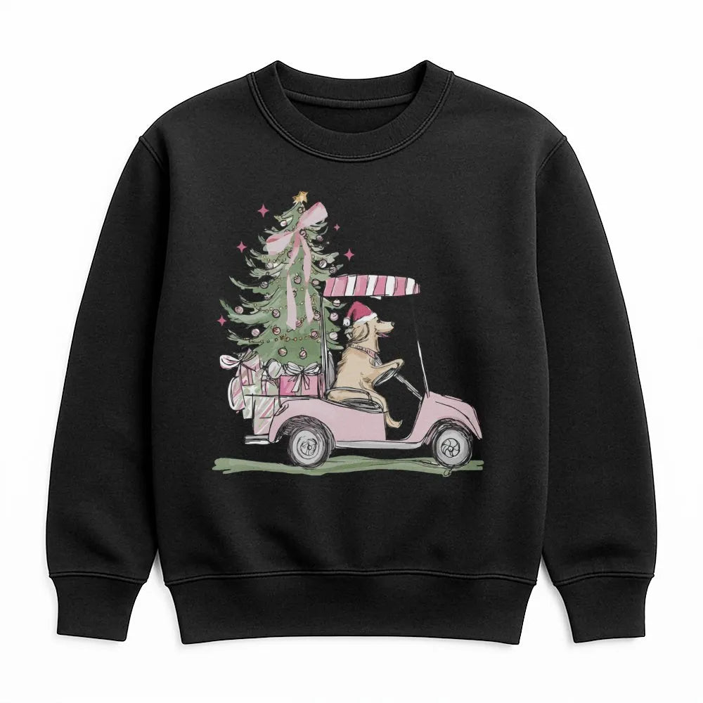 Holiday Dog Lover Sweatshirt, Golden Retriever Golf Cart Christmas Sweatshirt, Adorable Xmas Puppy Sweatshirt, Golfer Crewnec