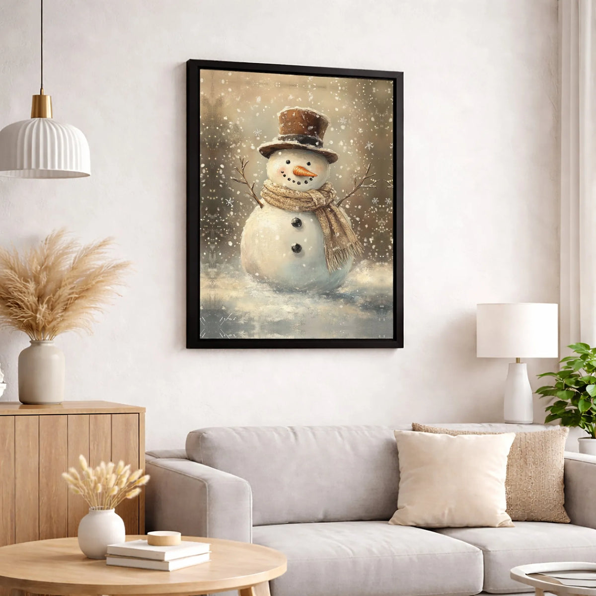 Winter Holiday Painting Canvas Print, Vintage Snowman Canvas Wall Art, Christmas Snowman with Top Hat Wall Decor, Rustic Holi