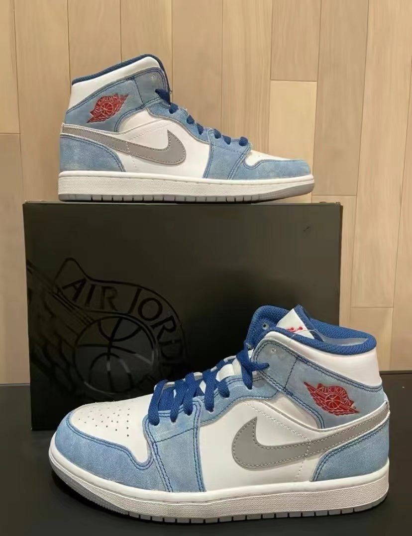 Mid Top Sneakers, Blue White Colorway, Lace Up Design, Casual Gift for Sneaker Fans