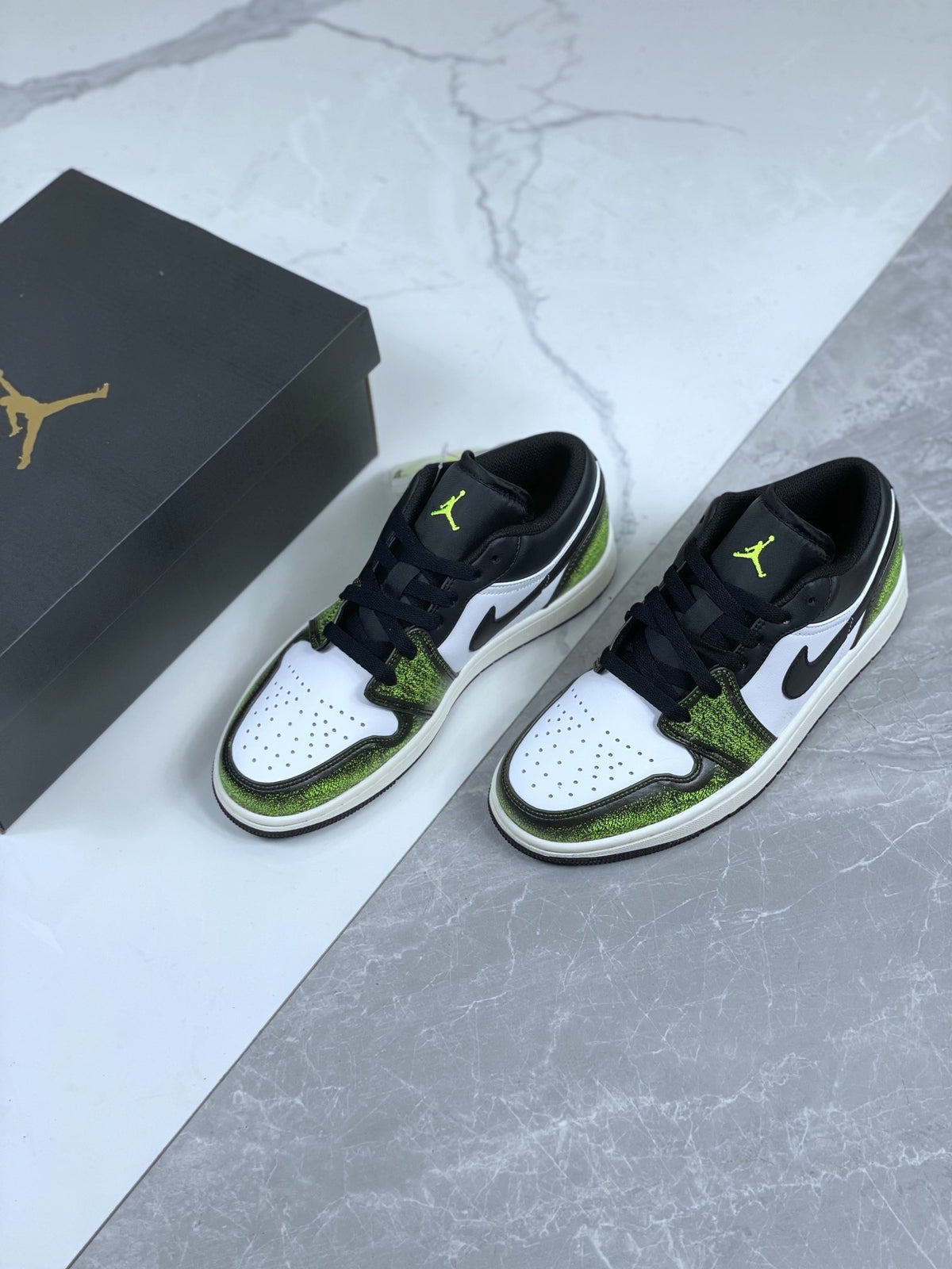 Low Top Sneakers, White Green Colorway, Cracked Pattern, Lace Up Design, Casual Gift for Sneaker Fans