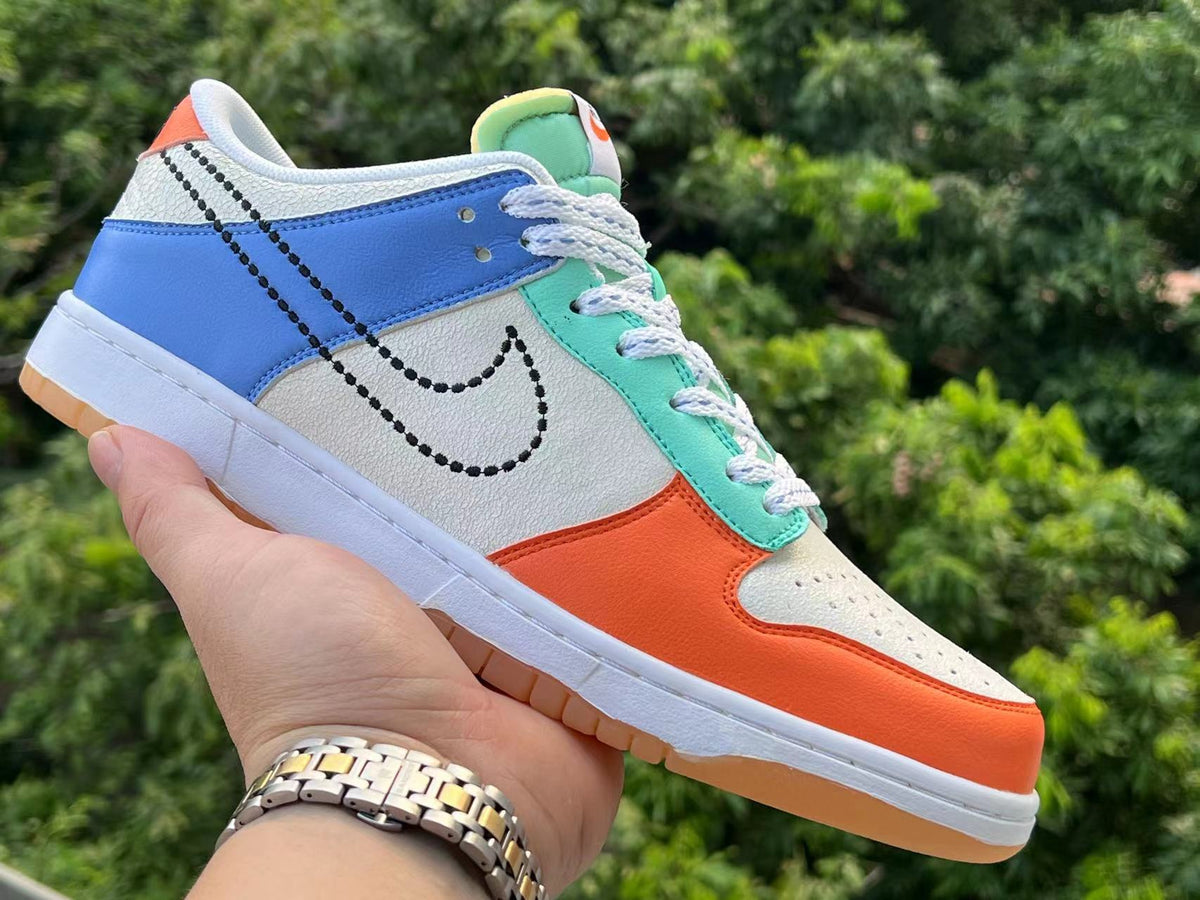 Low Top Sneakers, Blue Orange White Colorway, Lace Up Design, Casual Gift for Sneaker Fans