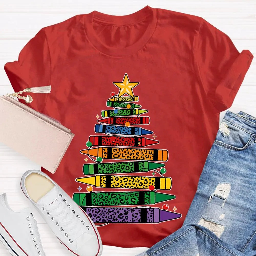 Art Teacher T-Shirt, Colored Pencils Leopard Christmas Tree Shirt, Holiday Graphic Tee, Festive Art Teacher Shirt, Christmas 