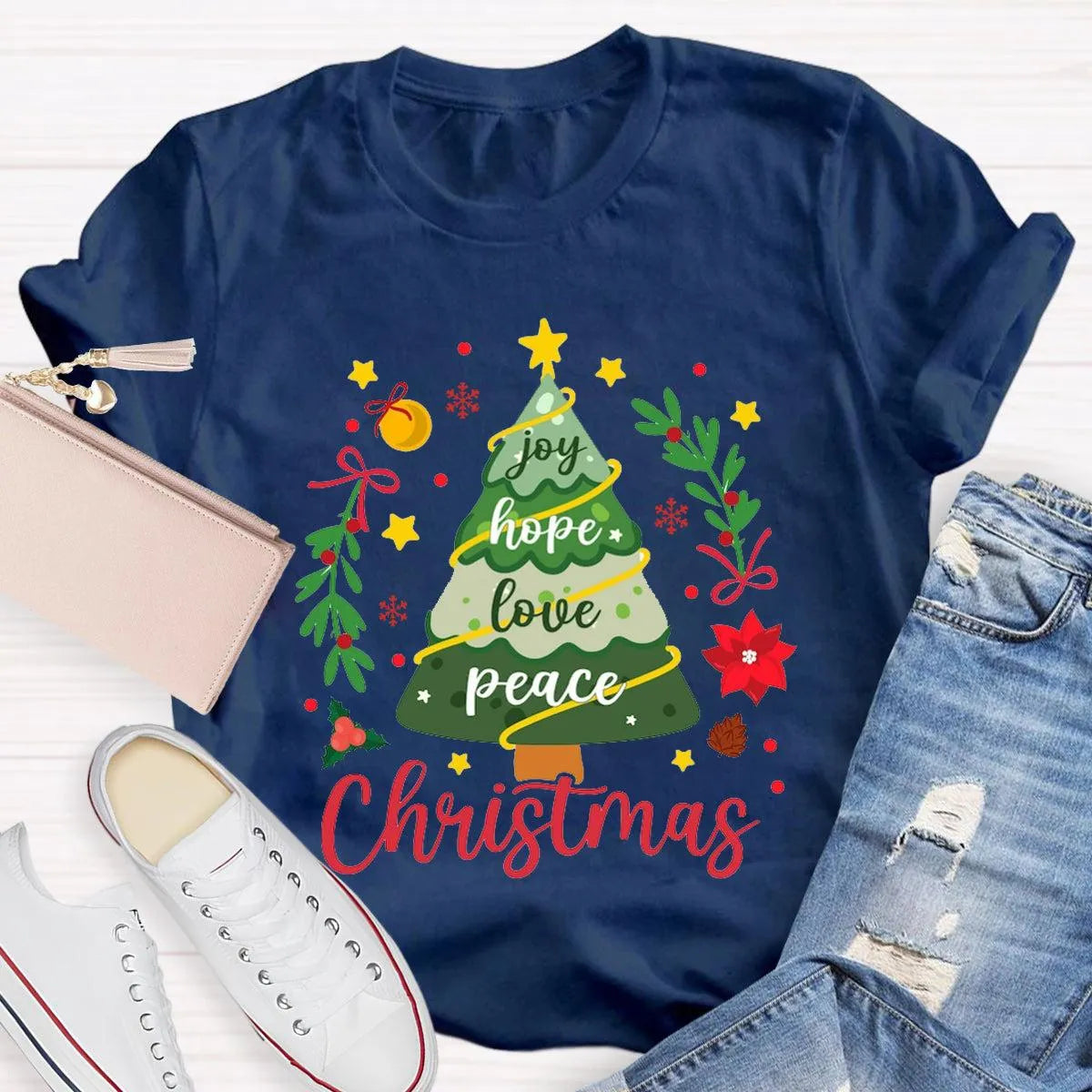 Joy Hope Love Peace Holiday Graphic Tee, Christmas Tree T-Shirt, Retro Xmas Tree Shirt, Festive Holiday Apparel Present