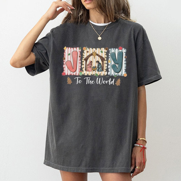 Christian Nativity Christmas Graphic Tee, Joy to the World T-Shirt, Religious Faith Holiday Shirt, Holy Nativity Scene Tee, C