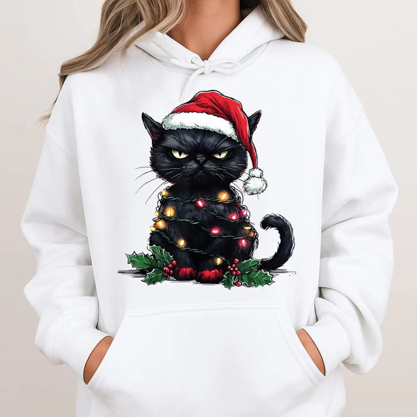 Humorous Santa Kitten Hoodie, Grumpy Black Cat Christmas Hoodie, Retro Spooky Cat Sweatshirt, Holiday Cat Lover Hooded Sweats