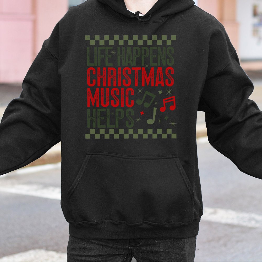 Retro Holiday Music Hoodie, Life Happens Christmas Music Helps Hoodie, Festive Christmas Song Sweatshirt, Adorable Xmas Music