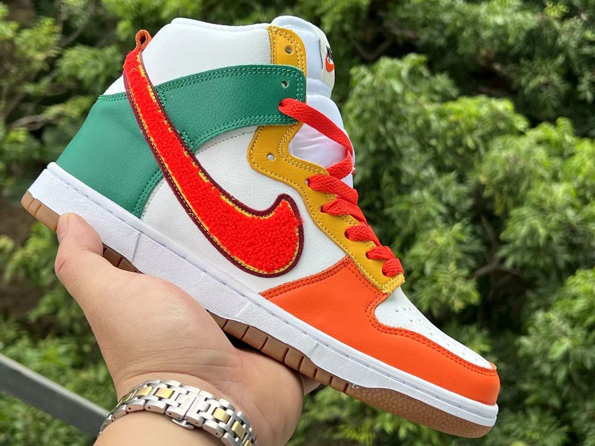 High Top Sneakers, Orange White Green Colorway, Lace Up Design, Casual Gift for Sneaker Fans