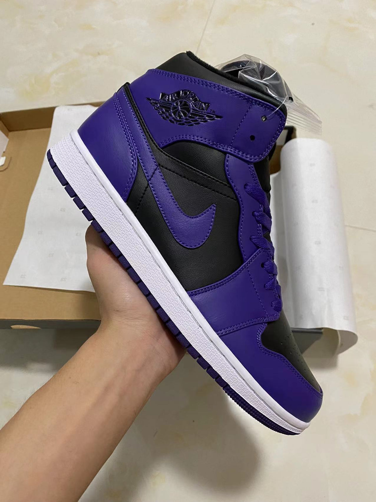 Mid Top Sneakers, Black Purple Colorway, Lace Up Design, Casual Gift for Sneaker Fans