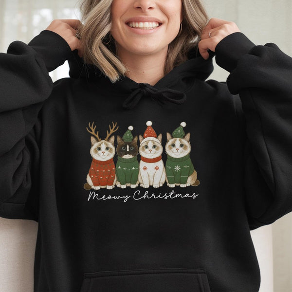 Adorable Cats in Sweaters Graphic Pullover, Meowy Christmas Cat Hoodie, Humorous Holiday Kitten Hooded Sweatshirt, Comfy Cat 
