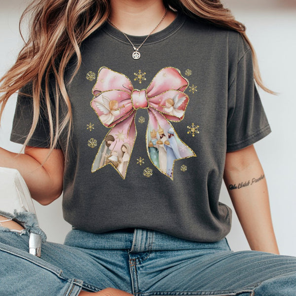 Adorable Christmas Bow T-Shirt, Pink Coquette Nativity Bow Shirt, Christian Holiday Graphic Tee, Religious Xmas Graphic T-Shi