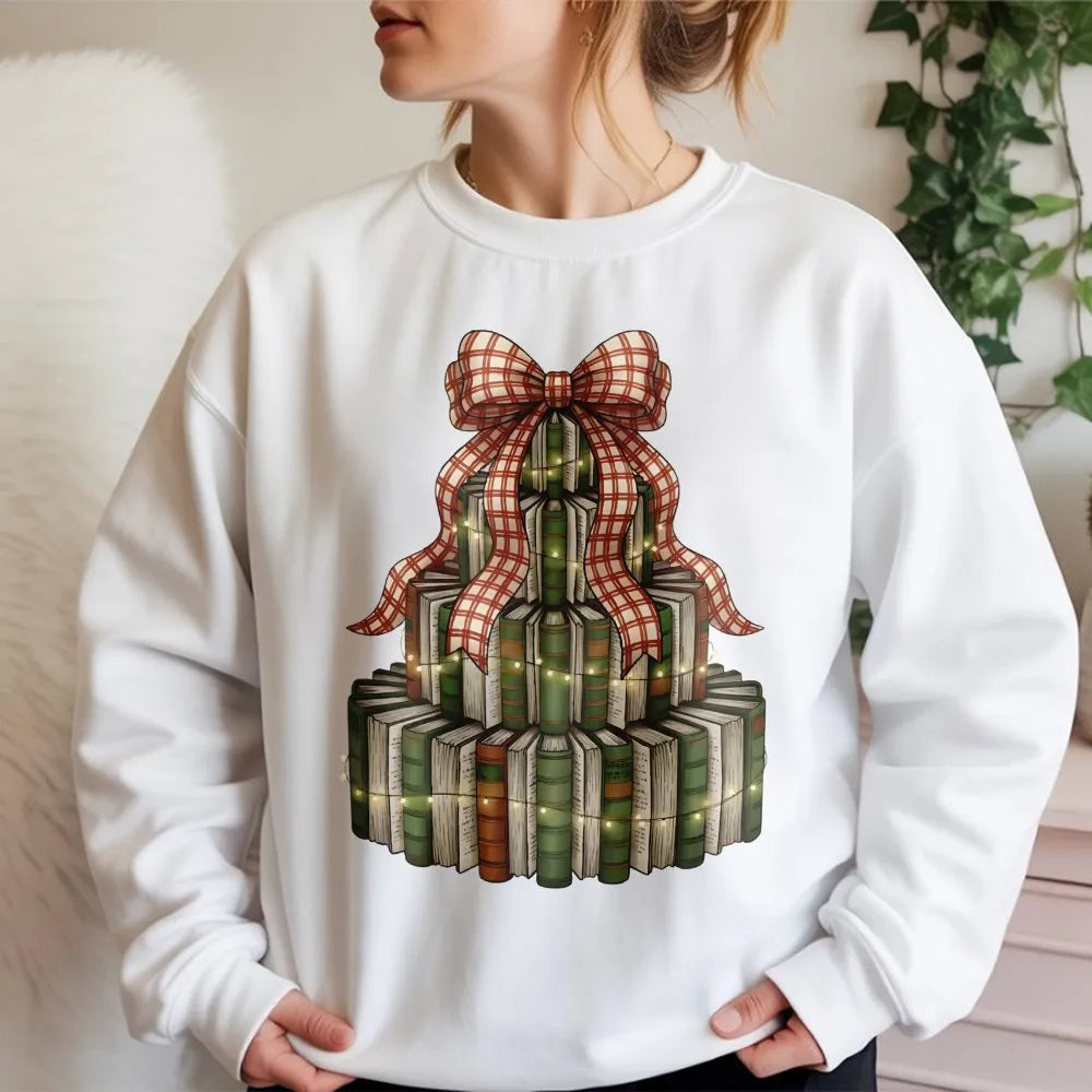 Retro Librarian Holiday Sweater, Christmas Book Tree Sweatshirt, Book Lover Xmas Crewneck, Reading Teacher Present Pullover
