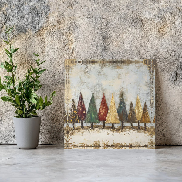 Gold Leaf Textured Forest Canvas Print, Rustic Christmas Trees Square Canvas, Holiday Pine Tree Canvas Wall Art, Winter Festi