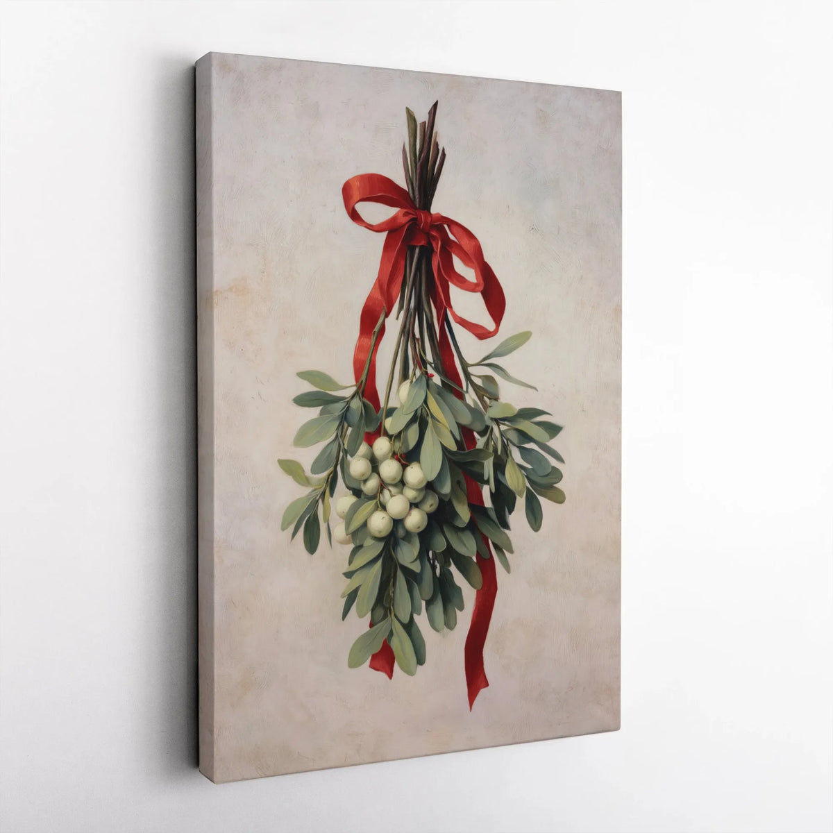 Christmas Botanical Print with Red Ribbon, Vintage Mistletoe Wall Art, Festive Holiday Poster, Digital Download Winter Wall D