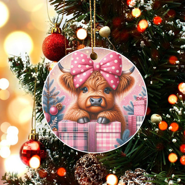 Adorable Baby Cow Pink Bow Ceramic Ornament, Highland Cow Christmas Ornament, Farmhouse Holiday Tree Decor, Rustic Xmas Keeps