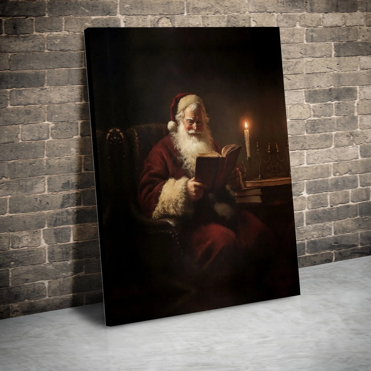 Vintage Christmas Canvas Wall Art, Santa Claus Reading a Book Canvas Print, Oil Painting Style Holiday Canvas, Festive Xmas W