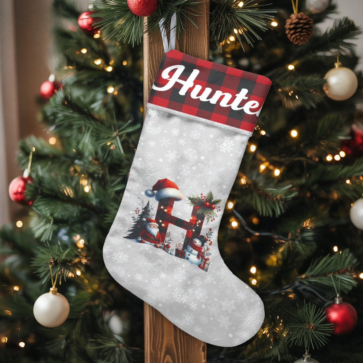Custom Name Stocking, Personalized Buffalo Plaid Christmas Stocking, Monogram Holiday Stocking, Family Christmas Stocking, Fe