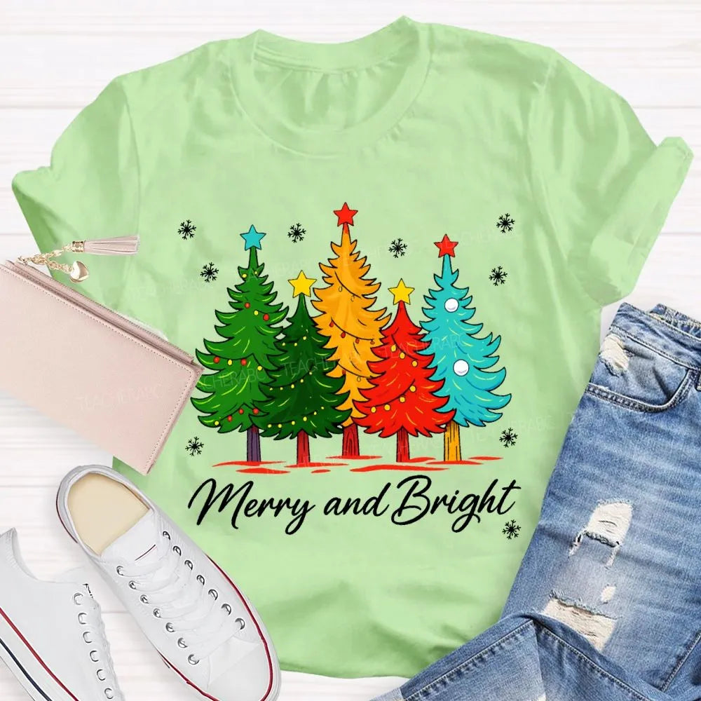 Colorful Holiday Graphic Tee, Merry and Bright Christmas Tree T-Shirt, Festive Xmas Tree Shirt, Retro Christmas Tee, Holiday 