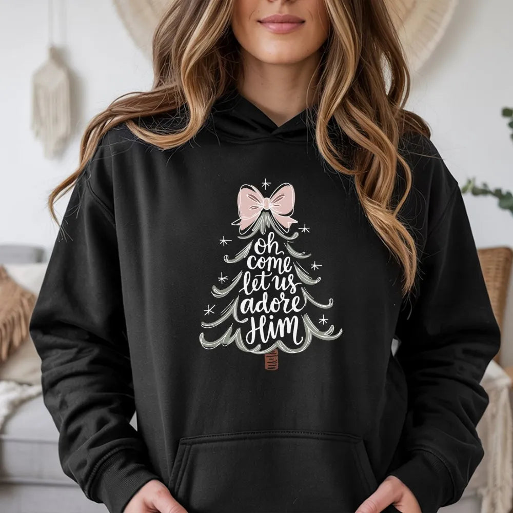 Christian Christmas Tree Hoodie, Oh Come Let Us Adore Him Hoodie, Religious Holiday Sweatshirt, Faith Based Xmas Pullover Hoo