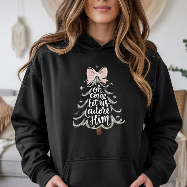Christian Christmas Tree Hoodie, Oh Come Let Us Adore Him Hoodie, Religious Holiday Sweatshirt, Faith Based Xmas Pullover Hoo