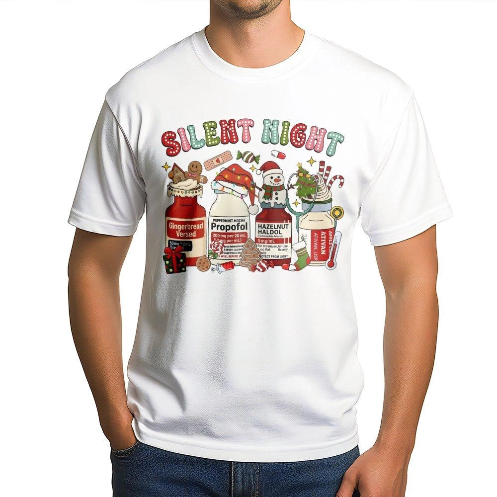 Humorous Medical Holiday Shirt, Silent Night Nurse Christmas T-Shirt, ICU Hospital Doctor Graphic Tee, Adorable Nurse Xmas Te