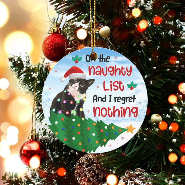 Humorous Naughty List Cat Ornament, Tuxedo Cat Christmas Ornament, Adorable Pet Holiday Ceramic Ornament, Cat Lover Xmas Tree
