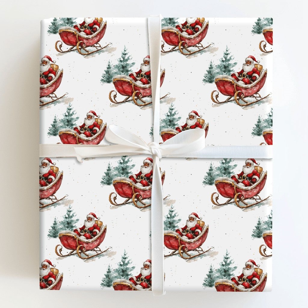 Watercolor Pine Tree Christmas Wrapping Paper, Black Santa Sleigh Wrapping Paper, Inclusive Holiday Gift Wrap, Festive Xmas W