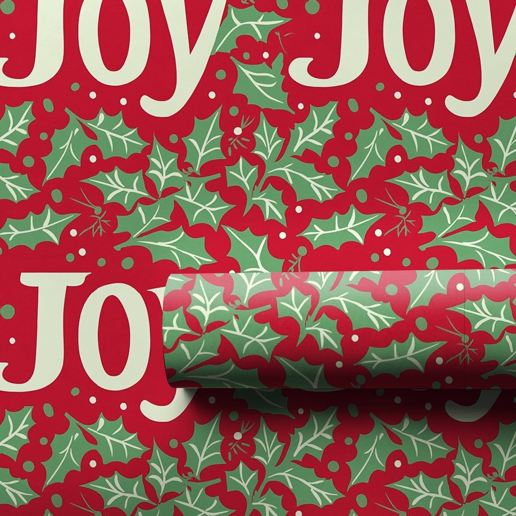 Red Holly Berry Gift Wrap, JOY Christmas Wrapping Paper, Festive Holiday Wrapping Paper, Xmas Gift Wrap Roll, Winter Present 