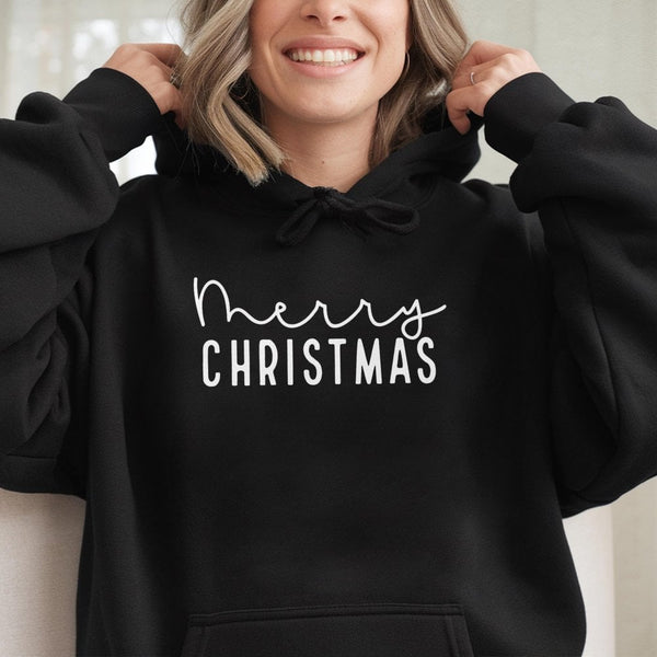 Minimalist Script Xmas Hooded Sweatshirt, Merry Christmas Hoodie, Comfy Holiday Season Pullover, Winter Aesthetic Present for