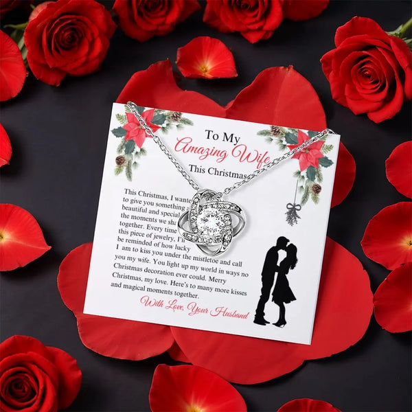 Rotating Rose Box Pendant Necklace, Wife Christmas Love Knot Necklace, CZ Crystal Love Knot Jewelry, Holiday Anniversary Pres
