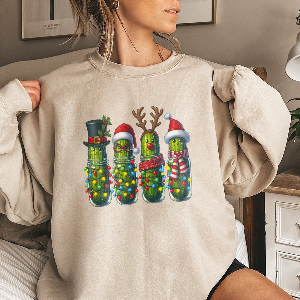 Holiday Pickle Jar Fairy Lights Sweater, Christmas Pickle Sweatshirt, Humorous Pickle Christmas Crewneck, Festive Food Lover 