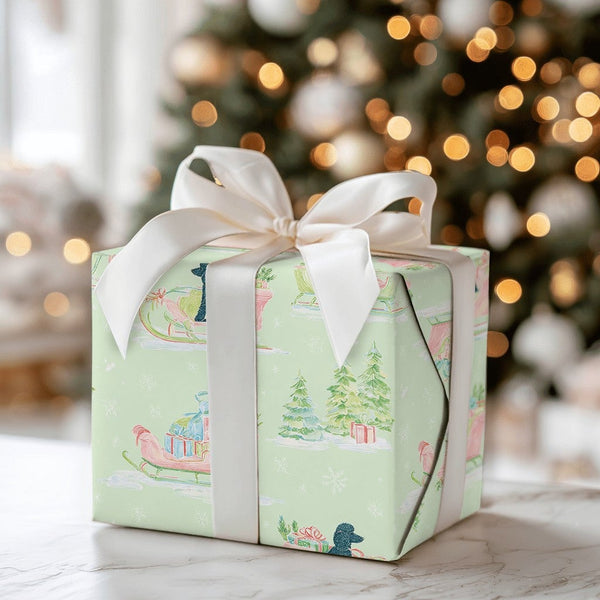 Watercolor Poodle Sleigh Gift Wrap, Black Poodle Wrapping Paper, Adorable Dog Christmas Wrapping Paper, Black Poodle Holiday 