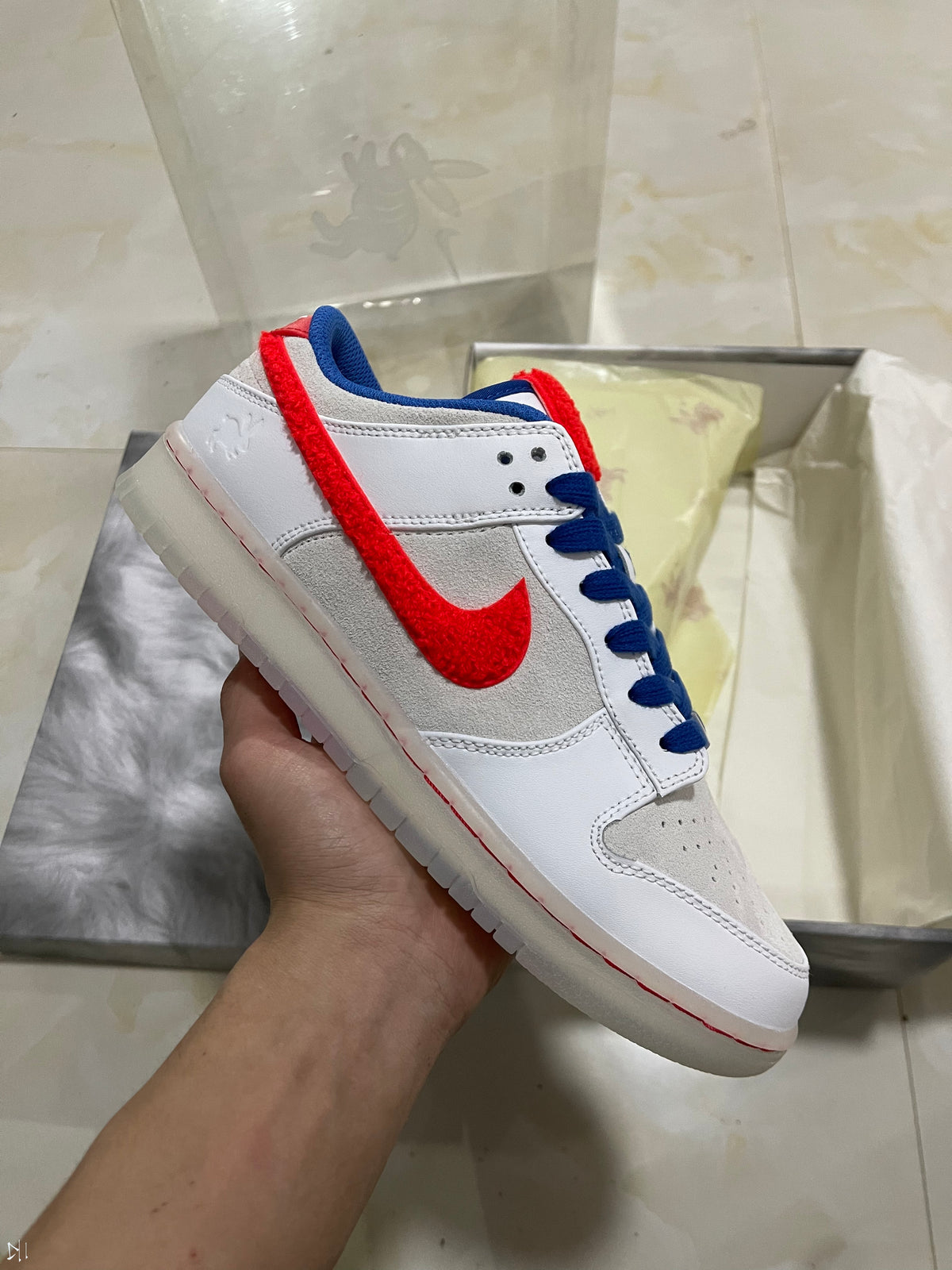 Low Top Sneakers, Blue White Red Colorway, Lace Up Design, Casual Gift for Sneaker Fans
